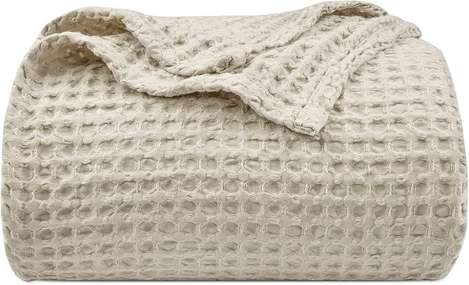 PHF Ultra Soft Waffle Weave Blanket King Size 104"x 90"- Washed Lightweight Breathable Cozy Woven Blanket for Bed - Aesthetic Decor for Couch Bedding Sofa Home Car - Light Khaki/Linen