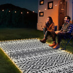 6x9ft Waterproof Outdoor Rug with LED Lights, Bohemia Reversible Plastic Straw Mat for Patio RV Camping Picnic Balcony Beach Deck Indoor Outdoor Carpet, Black&White