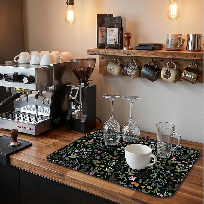 Forest Aesthetics Dish Drying Mat for Kitchen Counter Coffee Bar 18x24 in | Decorative Non Slip Absorbent Kitchen Dishes Drainer Mat, with Anti-slip Rubber Backing & Hanging Loop, for Sink, Home Gift