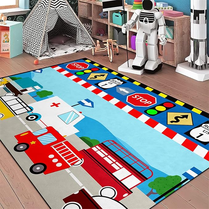Cartoon Ambulance Car Area Rug Car Carpet for Kids Play Rug for Cars and Trucks Car Rug Play Mat Car Track Rug Truck Rugs for Boys Room Rugs for Boys Bedroom,Light Blue 4'×5'