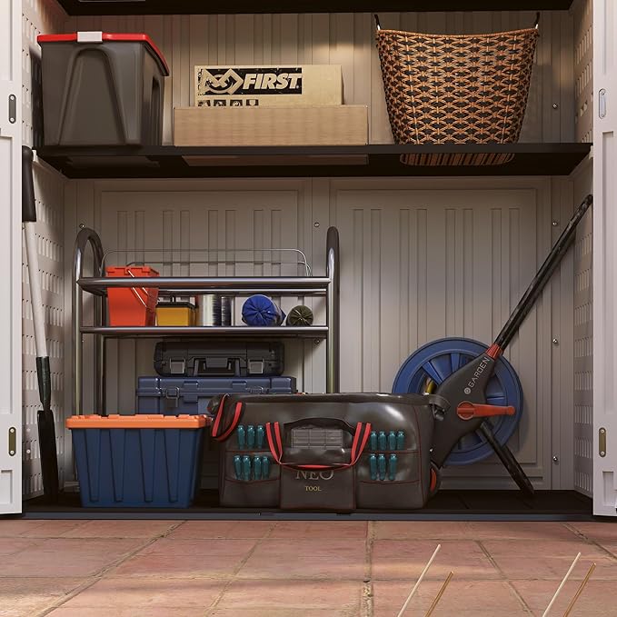 Vertical Resin Storage Shed with 2 Shelves, 60 Cuft Garden Tool Sheds & Outdoor Storage, Plastic Outdoor Storage Cabinet Waterproof, 4.5 x 2.3 ft Backyard Outside Lawn Mower Storage Shed, White