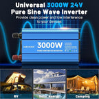 3000 Watt Pure Sine Wave Power Inverter 24V DC to 110V 120V Converter for Home, RV and Off-Grid Solar Systems with 3 AC Outlets, Dual USB Ports, LCD Display and Remote Control