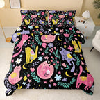 Floral Cat Comforter King Size,Black Cats Comforter Set for Kids Teens Girls,3Pcs Bedding Set Printed Comforter with 2 Pillowcases,Down Alternative,Soft and Lightweight(Black，King Size)