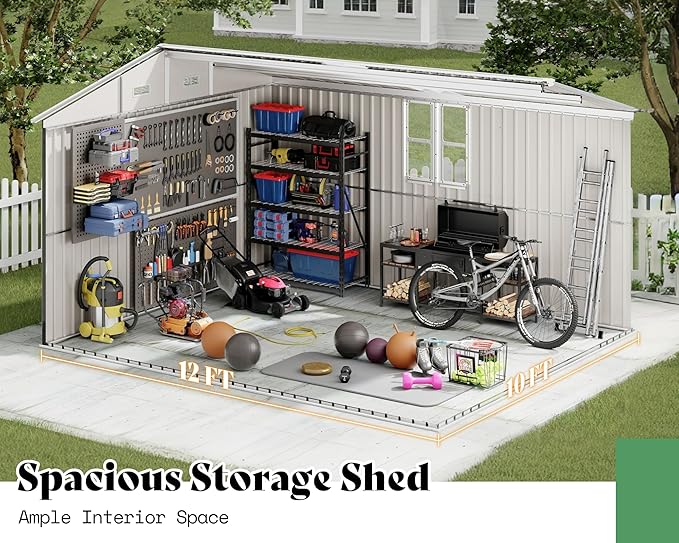 AMERLIFE 10x12x7 FT Metal Storage Shed with 2 Transparent Panels, Outdoor Tool Shed with Hinged Double Doors, Windows & Vents, Reinforced Steel Frame for Backyard Garden, DIY Workshop, Dark Gray