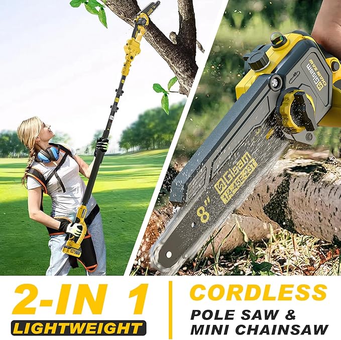 2-in-1 Electric Pole Saws for Tree Trimming,8" Mini Chainsaw Cordless with Extension Pole, 1000W Brushless Motor,Auto Oiling,15.58 FT Max Reach Extension Pole for Outdoors Pruning with 2×Batteries