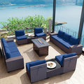 Kullavik 13 Pieces Outdoor Patio Furniture Set with 43" 55000BTU Gas Propane Fire Pit Table PE Wicker Rattan Sectional Sofa Patio Conversation Sets,Navy blue