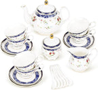 fanquare Bone China Tea Sets for Adults, 21-Piece Blue Lace and Roses Porcelain Tea Service with Sugar Bowl & Creamer, English Cremic Floral Teacups Set of 6 for Women Tea Party | Porcelain Tea Service with Sugar Bowl and Creamer, English Floral Cerami...