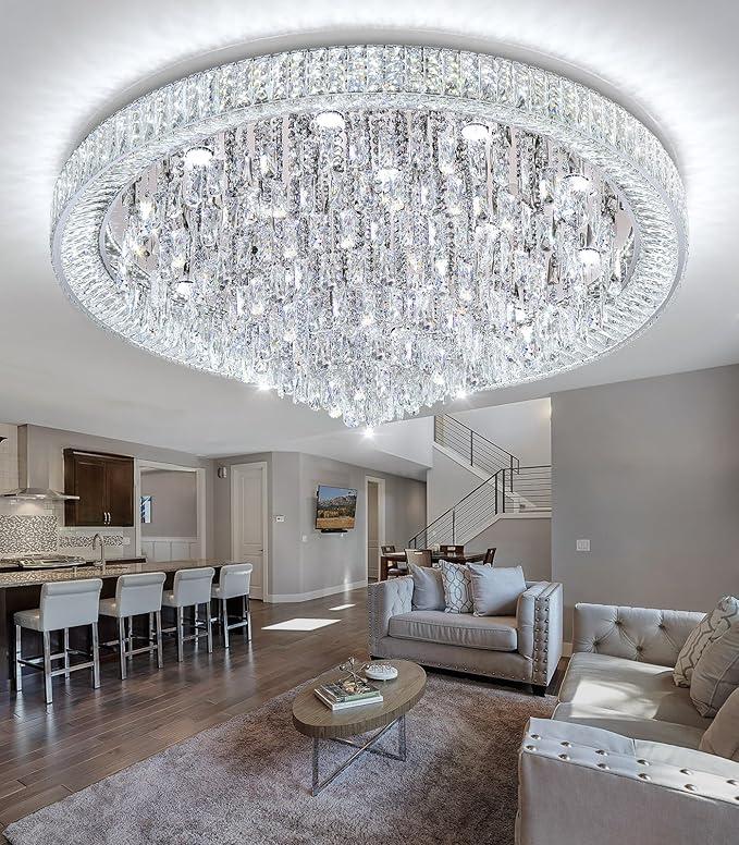 47'' Modern Chandeliers LED Dimmable Crystal Flush Mount Ceiling Chandeliers for Living Room High Ceiling Entrance Foyer Lobby Bedroom Silver