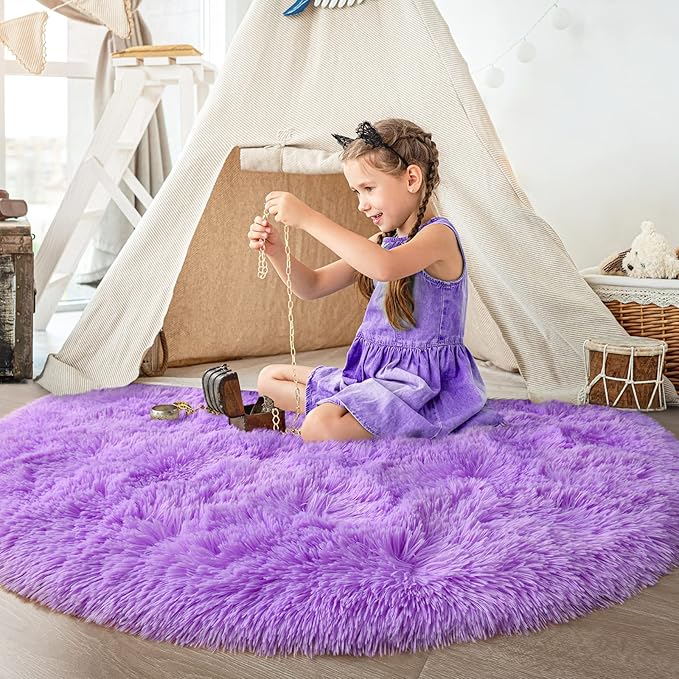 Purple Round Rug for Bedroom, Super Fluffy Circle Rugs for Baby Nursery, 4'X4' Feet Furry Carpet for Children Kids Room, Cute Soft Shaggy Rug for Girls Home Decor, Fuzzy Plush Carpets for Dorm