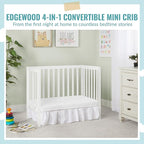 Edgewood 4-In-1 Convertible Mini Crib In White, JPMA Certified, Non-Toxic Finish, New Zealand Pinewood, With 3 Mattress Height Settings, Included 1" Mattress Pad
