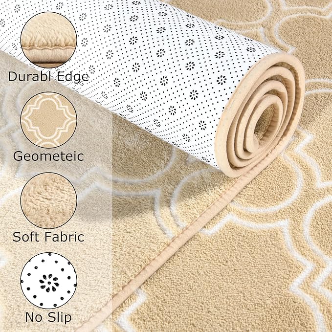 Chicrug Shag Geometric Modern Area Rug for Living Room, 3x5 Feet Large Memory Foam Indoor Carpet, Fluffy Rug for Bedroom Bedside Room Decor for Family Girls Kids Nursery, Beige/White