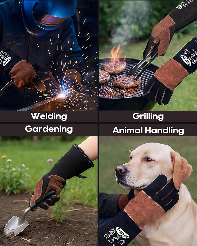 TOPDC Welding Gloves 16Inch 1000℉Heat/Fire Resistant Reinforced Leather Fireproof Gloves with Kevlar Stitching for Mig, Tig, Stick, Forge, BBQ, Grill, Oven, Fireplace, Furnace, Animal Handling, LARGE