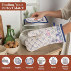 Maison d' Hermine 100% Cotton Oven Mitt & Pot Holder Set (7.5"x13" & 8"x8") | Heat Resistant BBQ Cooking Gloves with Loop Baking Grilling Kitchen Hotel Home Farmhouse Spring Summer - Faience