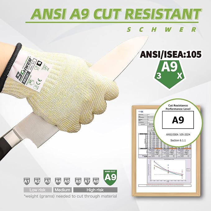 Schwer SlicePro ANSI A9 Cut Resistant Gloves, Food Grade Cutting Gloves for Kitchen Food Prep, Mandoline Gloves for Meat Cutting, Oyster Shucking, Fish Fillet Processing, PR1501, 2 Pairs, L
