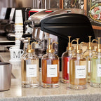 16.9 oz (500 ml) Coffee Syrup Dispenser Set - 2 Glass Bottles with Gold Pumper and Syrup Labels - Precise Dispensing and Stylish Addition to Coffee Shop, Cafe or Home Bar