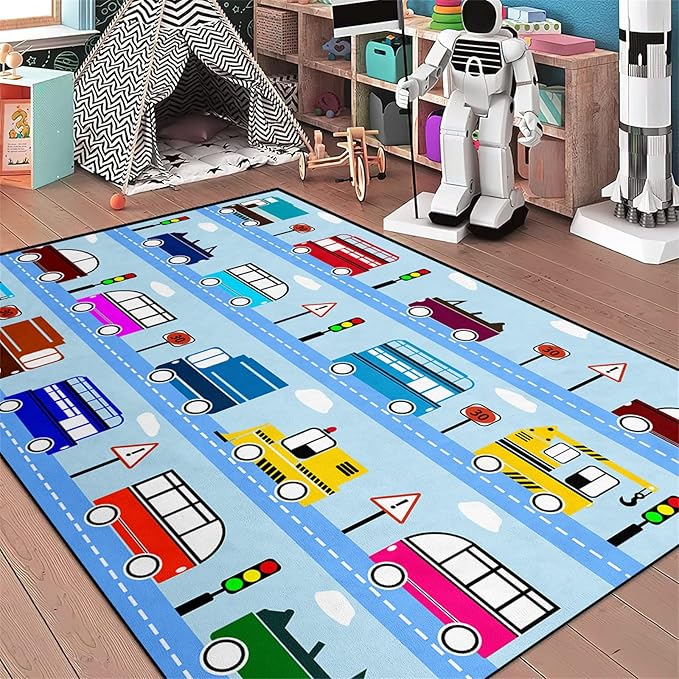 Car Rug Car Play Mat Kids Rugs for Playroom Car Rug Play Mat Rugs for Boys Bedroom Car Carpet for Kids Play Rug for Cars and Trucks Car Rug for Boys Room,Light Blue 4'×5'