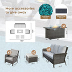 Yechen Patio Conversation Set 7 Seats with 44" Propane Gas Fire Pit Table - 6 Pcs Outdoor Wicker Furniture Set with Lid & Wind Shields - Sectional Sofa Set for Porch,Backyard