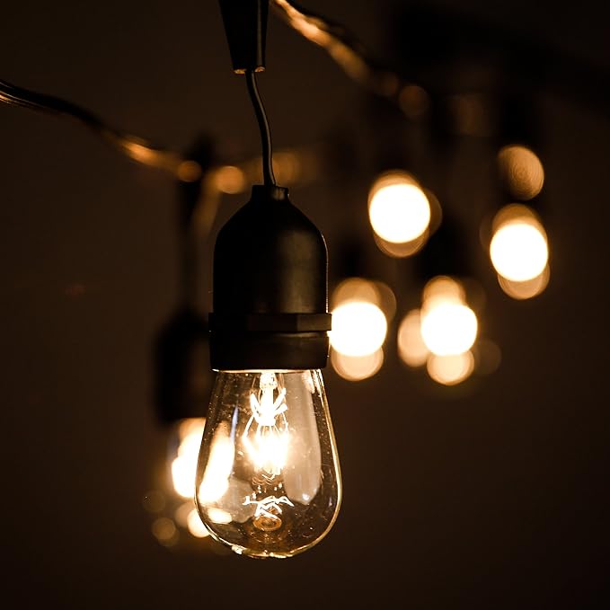 Hometown Evolution, Inc. 24 Foot E26 Outdoor Commercial String Lights with Suspended Socket for Weatherproof Heavy Duty Vintage Outside Lighting - Set of 12 S14 Clear Bulbs