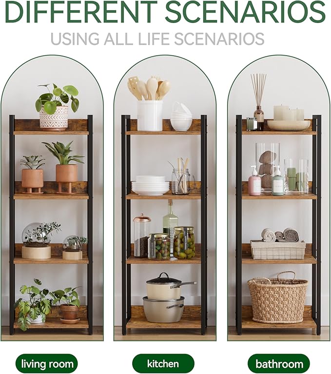 4-Tier Bookshelf, Narrow Bookcase with Open Shelves, Short Book Shelf Coner Shelf for Living Room, Bedroom, Home Office, Study, Bathroom,9.4 x 15.7 x 41.7 Inches, Rustic Brown and Black