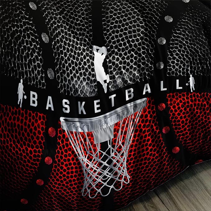 Axolotl Basketball Bedding Set for Boys Kids Teens,Soft Microfiber Black and Red Sports Theme Basketball Bedding Sets Queen Size with 1 Comforter and 2 Pillowcases All Season