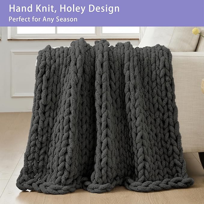 Bigacogo Chunky Knit Throw Blanket for Couch, 51x63 inches, 100% Hand Knitted with Thick Jumbo Chenille Yarn, Cozy Soft Large Rope Knot Cable Crochet Blankets for Sofa Bed Living Room, Dark Grey