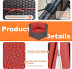 Patio Furniture Set with Fire Pit Table 13 PCS Outdoor Sectional Furniture Outdoor Rattan Patio Conversation Sets with 43in 55,000 BTU Propane Gas Fire Pit Table Glass Table, Red
