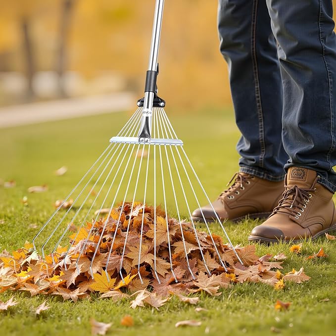 VEVOR Leaf Rake, 15 Metal Tines, Adjustable Garden Rake for Lawns with 7.5-22.4 Inch Wide Head & 32-63 Inch Long Handle, Heavy Duty Stainless Steel Small Leaves Tool for Gardening Camping Yard Grass