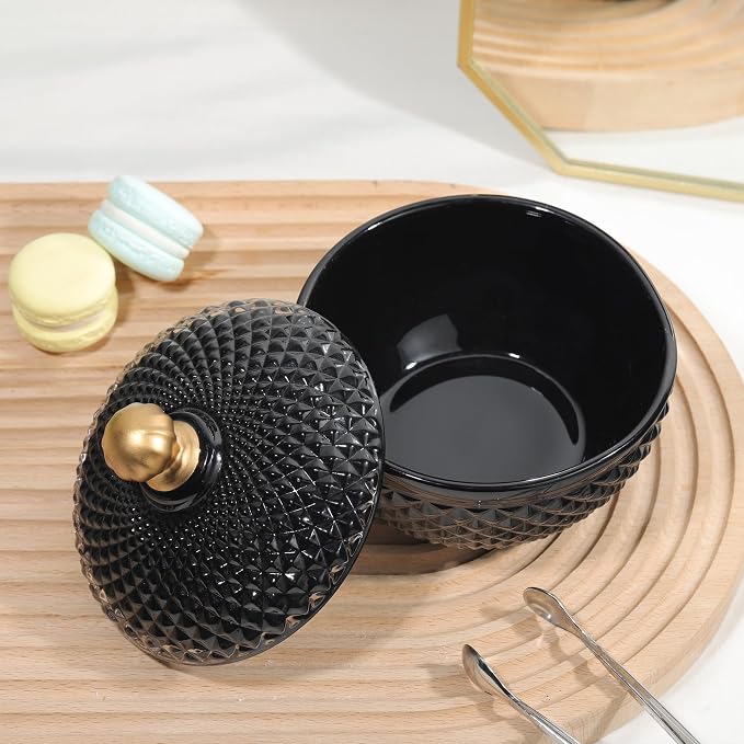Joeyan 12 oz Small Black Glass Jars with Lid,Embossed Glass Candy Dishes,Diamond Faceted Food Container,Decorative Jewelry Box Apothecary Canisters,Colored Kitchen Bathroom Buffet Storage Organizer