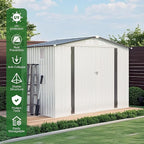 8x6 FT Outdoor Storage Shed with Windows, Metal Sheds & Outdoor Storage with Lockable Door and 4 Vents, Outside Storage Shed Waterproof for Backyard, Patio, White+Gray