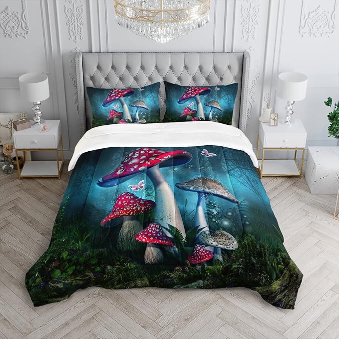 Red Mushroom Kawaii Comforter Set Full Size Kids Mushroom Butterfly Bedding Set Botanical Plant Theme Print Quilt Bed Set for Boys Girls Adults with 1 Comforter and 2 Pillowcases