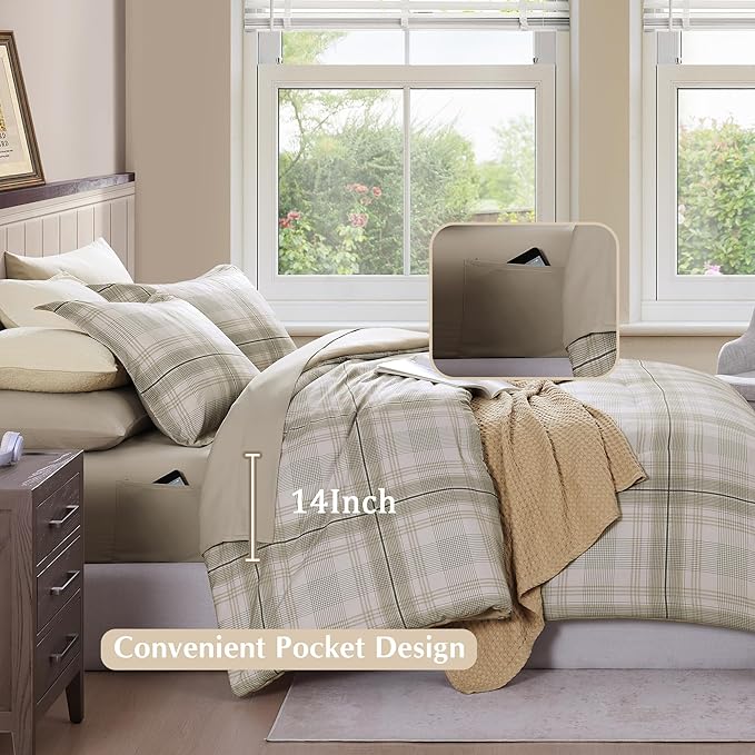 Beige Comforter Full Size, Khaki Green Plaid Full Size Comforter Sets for Boys & Girls,Classic Homestead-style Bedding Sets Full with Full Size Bed Sheets and Comforter Set