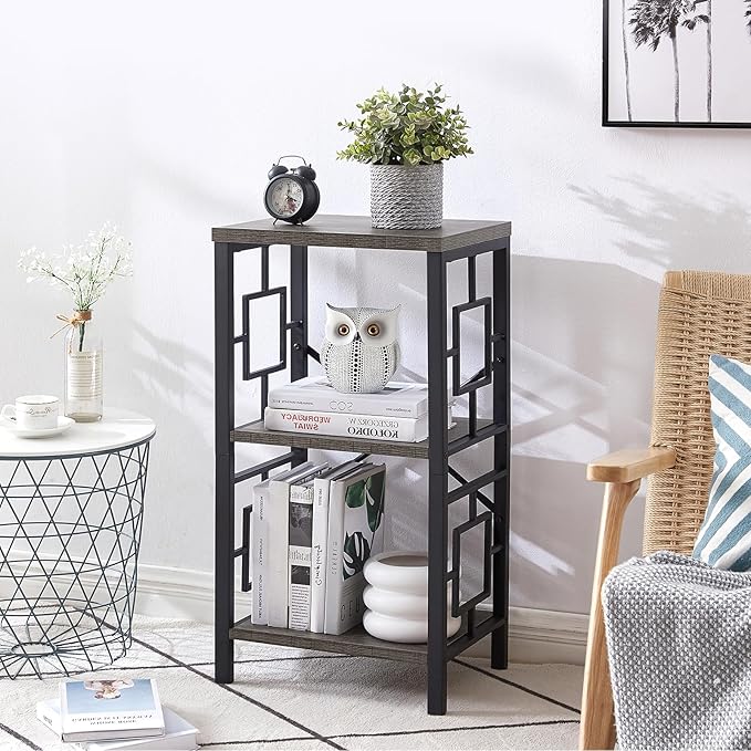 Small Bookshelf, 3 Tier Vintage Industrial Small Bookshelf for Small Spaces, Freestanding Open Shelf Bookcase, Versatile Bookshelf for Home Office, Bedroom & Living Room, Grey