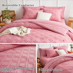 7 Pieces Tufted Bed in a Bag Queen Comforter Set with Sheets Pink, Soft and Embroidery Shabby Chic Boho Bohemian, Luxury Solid Color with Diamond Pattern, Jacquard Tufts Bedding Set for All Season
