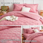 6 Pieces Tufted Bed in a Bag Twin Comforter Set with Sheets Pink, Soft and Embroidery Shabby Chic Boho Bohemian, Luxury Solid Color with Diamond Pattern, Jacquard Tufts Bedding Set for Kids Girls