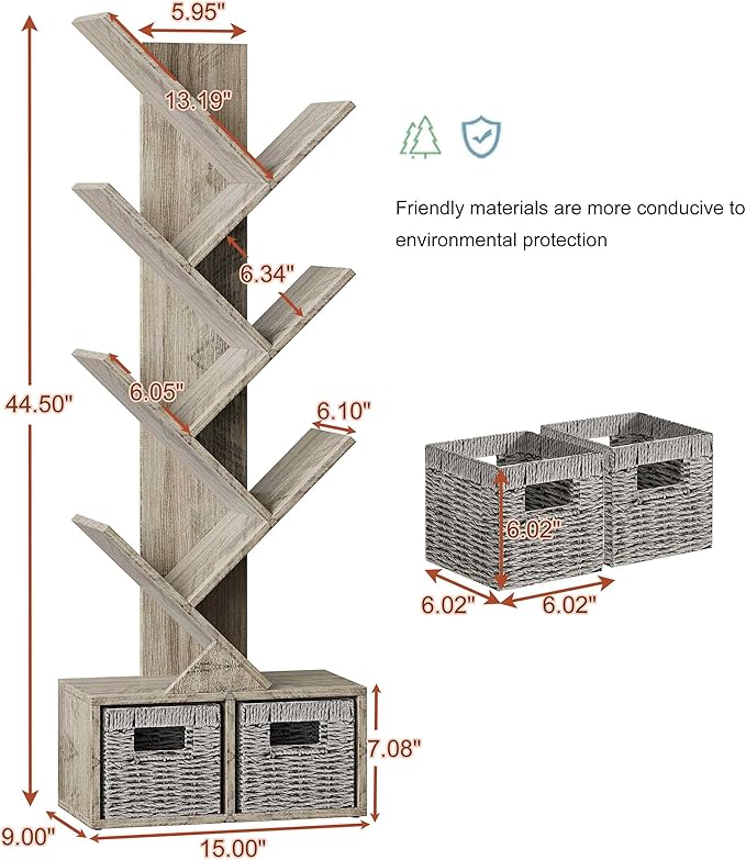 Vagusicc 6 Tier Tree Bookshelf - Retro Shelf Floor Standing Bookcase with Baskets, Tall Wood Book Storage Rack for Books/CDs, Tree Utility Book Organizer Shelves for Living Room, Home Office, Bedroom