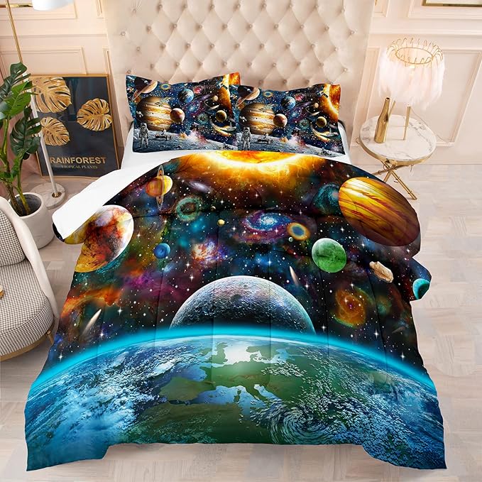 Tailor Shop Universe Galaxy Comforter Set for Girls Boys Kids Galaxy The Planet The Earth Astronaut Stars Outer Space Bedding Set Queen Size with 1 Comforter 2 Pillowcases,18…