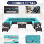 Patio Furniture Set with Fire Pit Table 15 PCS Outdoor Sectional Furniture Outdoor Rattan Patio Conversation Sets with 43in 55,000 BTU Propane Gas Fire Pit Table Glass Table, Blue