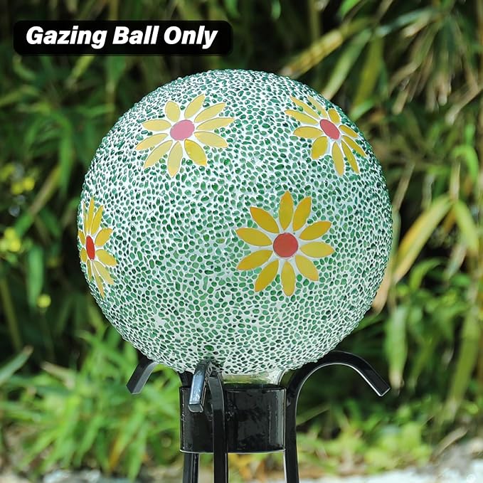 Gazing Ball 8 Inch Flower Glass Mosaic Garden Globe Outdoor Gazing Globe Yard Ornament for Garden Yard Home Lawn Outdoor Decoration Gift for Women (Not Solar Powered)
