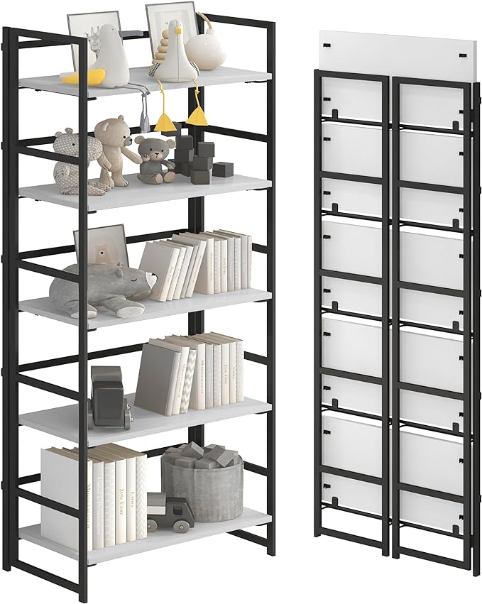 No-Assembly Folding Bookshelf Storage Shelves 5 Tiers Vintage Multifunctional Plant Flower Stand Storage Rack Shelves Bookcase for Home Office White&Black