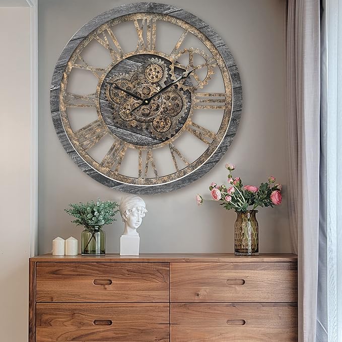 HOIBAI Wall Clock, 24 Inch Moving Gears Clock Large Wall Clock for Living Room Decor Rustic Vintage Industrial Steampunk Farmhouse Big Clock for Home Kitchen Bedroom Office