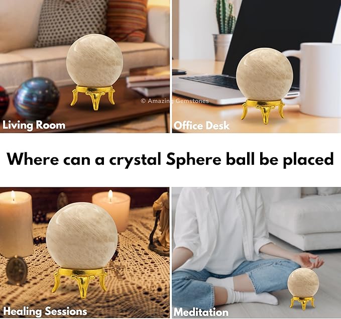 Amazing Gemstone Cream Moonstone Crystal Ball with Stand - 2 Inches Crystal Sphere Meditation Balls for Witchcraft and Decorative Balls
