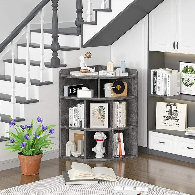 VECELO 3-Tier Corner Cabinet,Wooden Cube Storage Organizer with 8 Cubbies, Modern Bookshelf Units for Playroom, Bedroom, Living Room, Grey