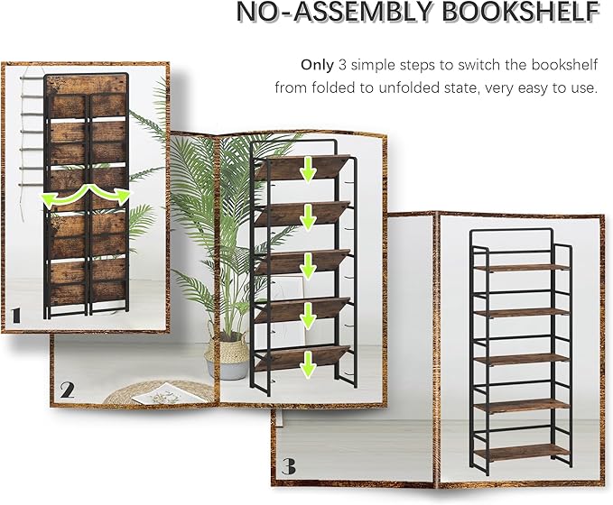 4NM No-Assembly 5 Tiers Folding Bookshelf Storage Shelves Vintage Bookcase Standing Racks Study Organizer Home Office (Rustic Brown, 5 Tiers)
