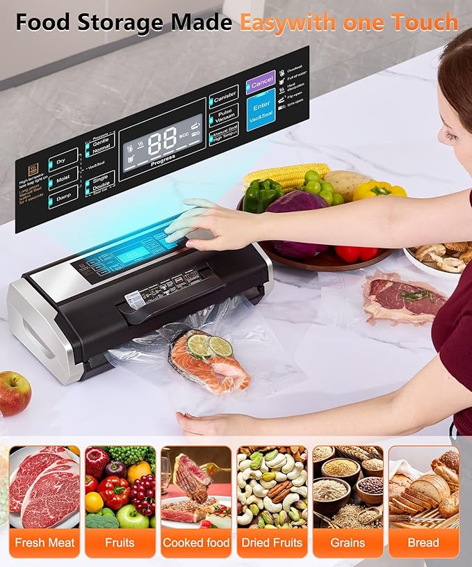 95kPa Vacuum Sealer Commercial Automatic Food Vacuum Sealer, 10-in-1 System, Auto Pop-Up Cover, Double Heat Seal, Easy-Lock Handle, Built-In Cutter with 1 Roll & 15 Bags, Black Silver