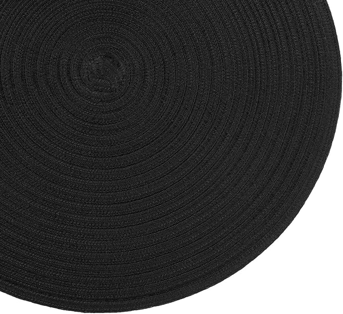 SHACOS Black Round Placemats Set of 12 Heavy Cotton Polyester Woven Braided Place Mats Washable Heat Resistant Non Slip Table Mats