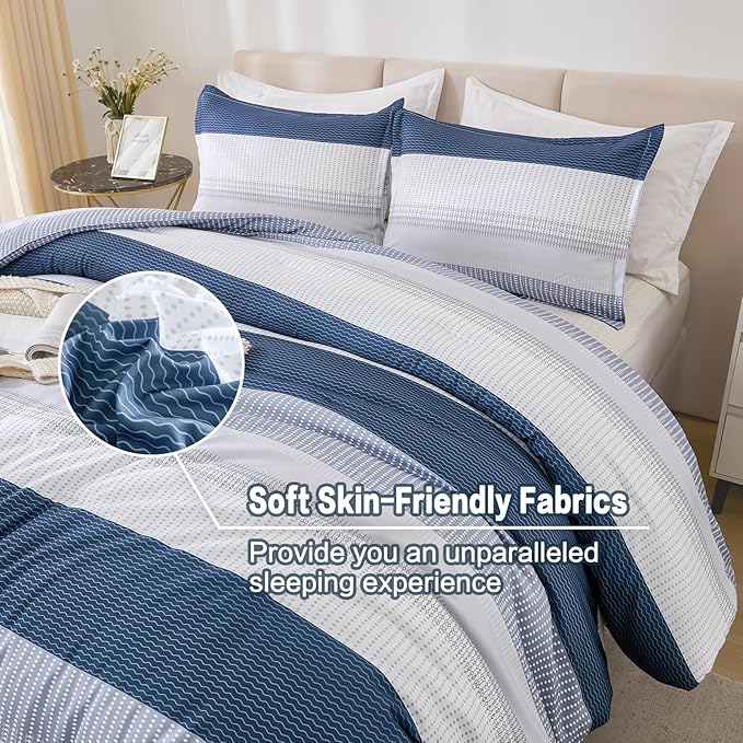 Litanika Mineral Blue Bed Comforter Set Twin/Twin XL Size, 2 Pieces Lightweight Striped Bedding Comforter Set, Soft All Season Down Alternative Comforter (1 Comforter, 1 Pillowcase)