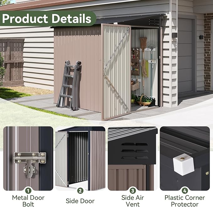 6'x4' Lean to Shed Galvanized Steel Storage Sheds with Side Door Waterproof Utility Shed with Sloped Roof for Mower, Bike, Garden Tools (Brown)