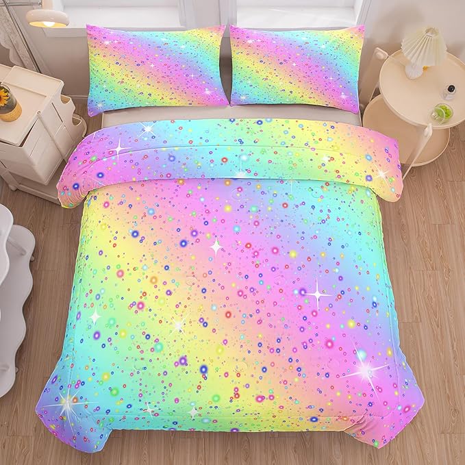 Girls Comforter Set Queen, Rainbow Bedding Set, Galaxy Twinkle Bedding for Kids Teens, Colorful Pastel Bedding Set, 5 pcs Bed in A Bag Queen, Kids Princess Bedding Set for Girls