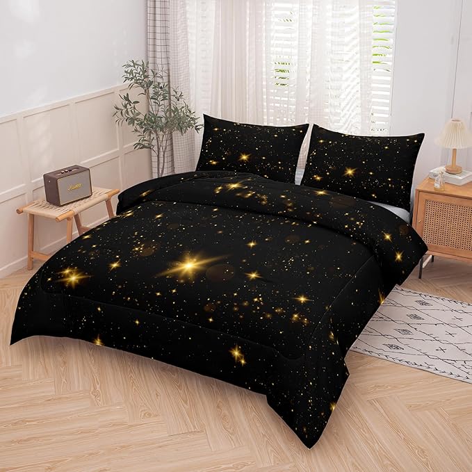 Tailor Shop Glitter Comforter Sets Queen Size Black and Glod Comforter Sets for Kids Boys Teens Star Glitter Bedding Sets Twinkle Starlight Comforter Sets with 1 Comforter 1 Pillowcases