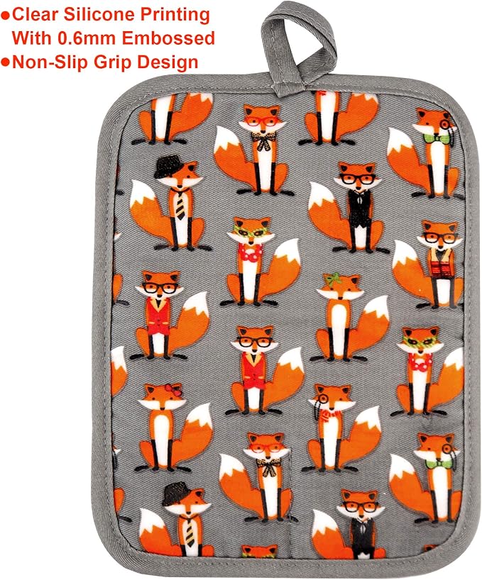 Pot Holders Set of 2 Heat Resistant 480 ℉ Non Slip Clear Silicone Printed Comfortable Cotton Lining Kitchen Women Men Cooking Baking Microwave Machine Washable (Fox, Gray Potholders)